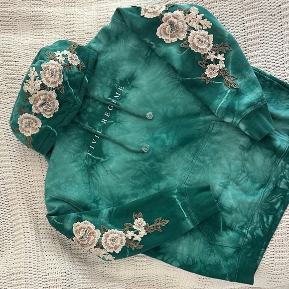 Civil Regime Aqua‎ Marble Rose Green Tie-Dye Floral Embroidered Hoodie – S - Picture 2 of 13
